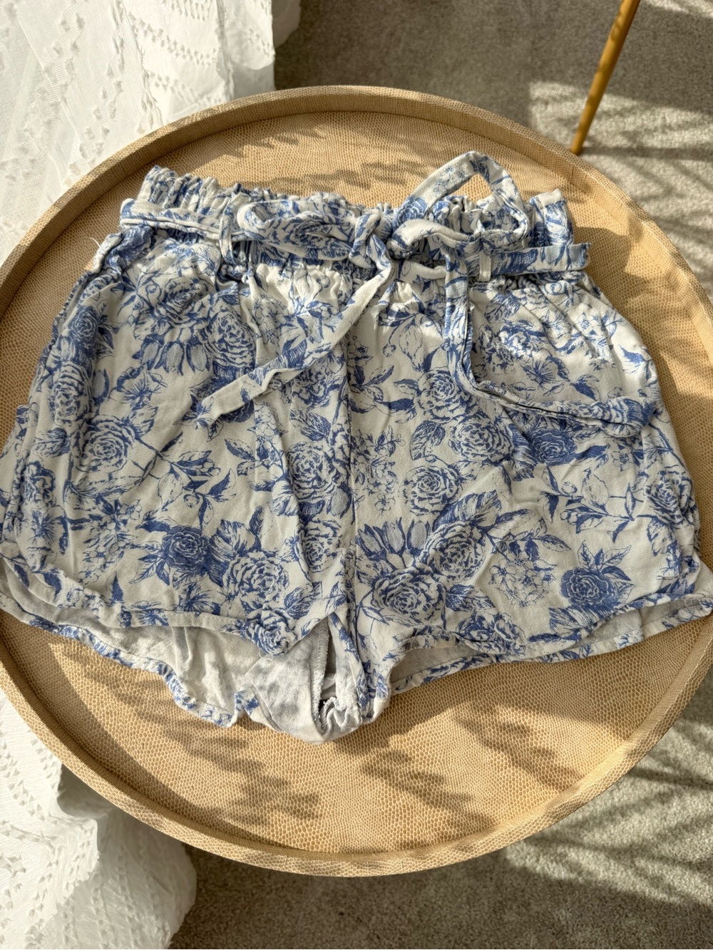 Altar'd State White and Blue Floral Paperbag Waist Shorts